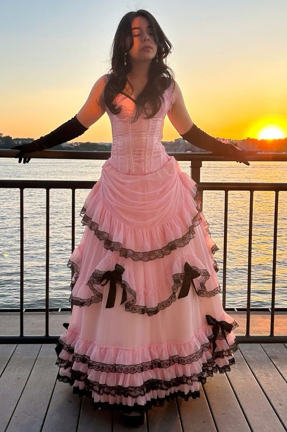 Vintage Strapless A-Line Empire-Waist with Black Lace Ruffles Long Prom Dress