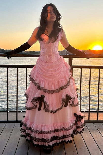 Vintage Strapless A-Line Empire-Waist with Black Lace Ruffles Long Prom Dress