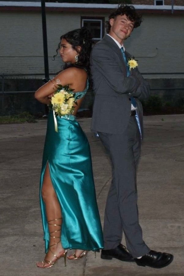 Elegant V-Neck Sequins Beads Pleats Satin Long Prom Dress with Slit