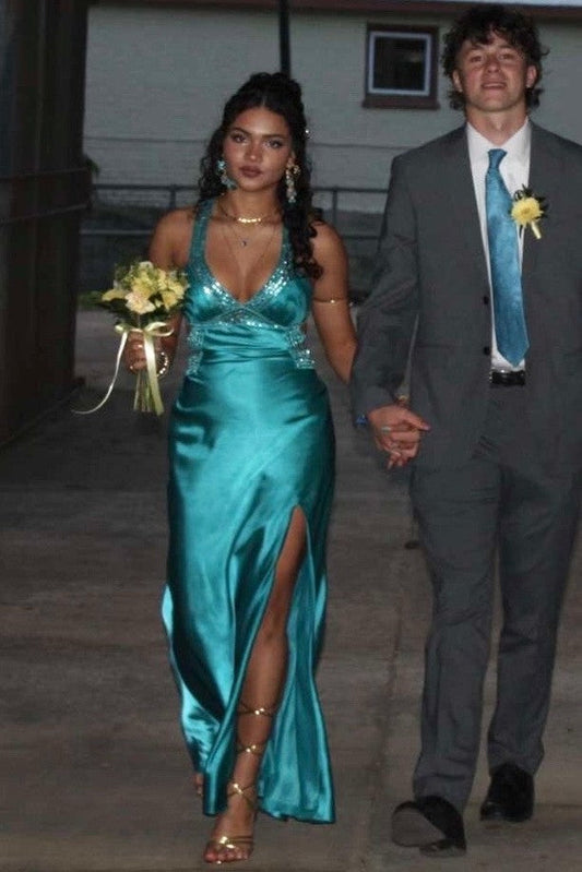 Elegant V-Neck Sequins Beads Pleats Satin Long Prom Dress with Slit