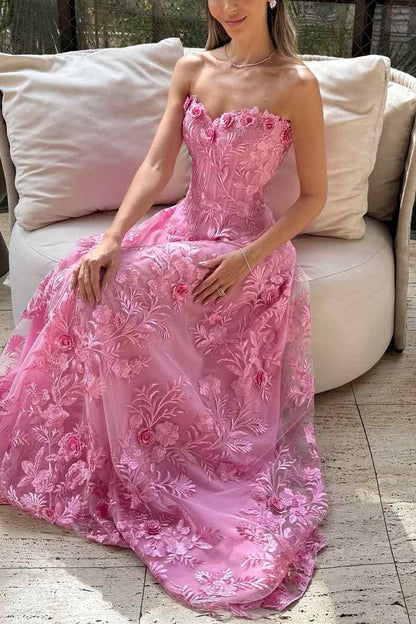 Stunning Pink Strapless Lace Appliques Empire-Waist Long Prom Dress