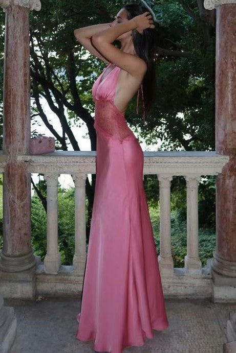 Chic Pink Deep V-Neck Cut-Out Sheath Satin Long Evening Prom Dress