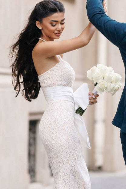 Exquisite White Strapless Sleeveless Lace Long Prom Dress