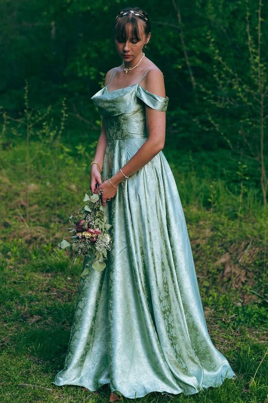 Green Print Spaghetti Straps A-Line Empire-Waist Long Prom Dress