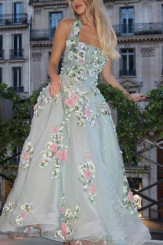 A-Line Halter Empire-waist Appliques Long Formal Prom Dress