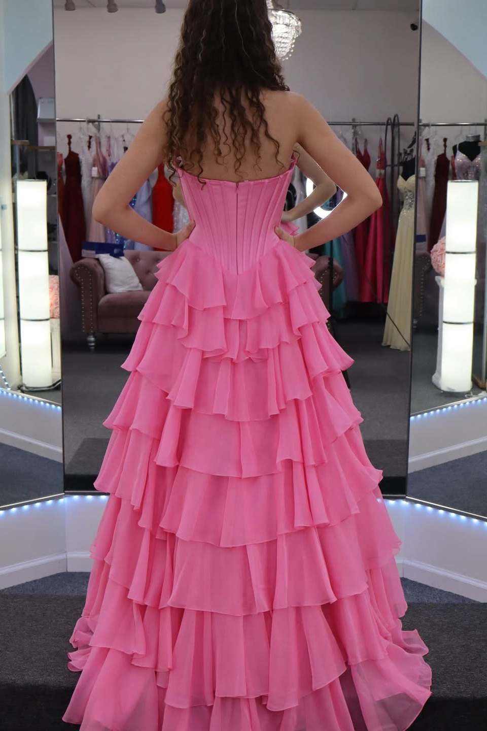 Strapless A-Line Scoop Neck Sleeveless Chiffon Ruffles Long Prom Dress