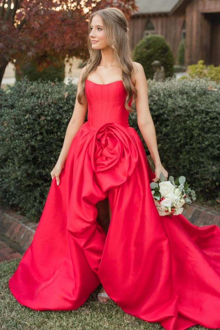 Red Strapless A-Line Ruched Floral Empire-Waist Satin Prom Dress