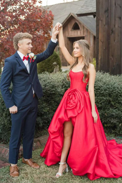 Red Strapless A-Line Ruched Floral Empire-Waist Satin Prom Dress