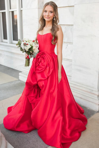 Red Strapless A-Line Ruched Floral Empire-Waist Satin Prom Dress