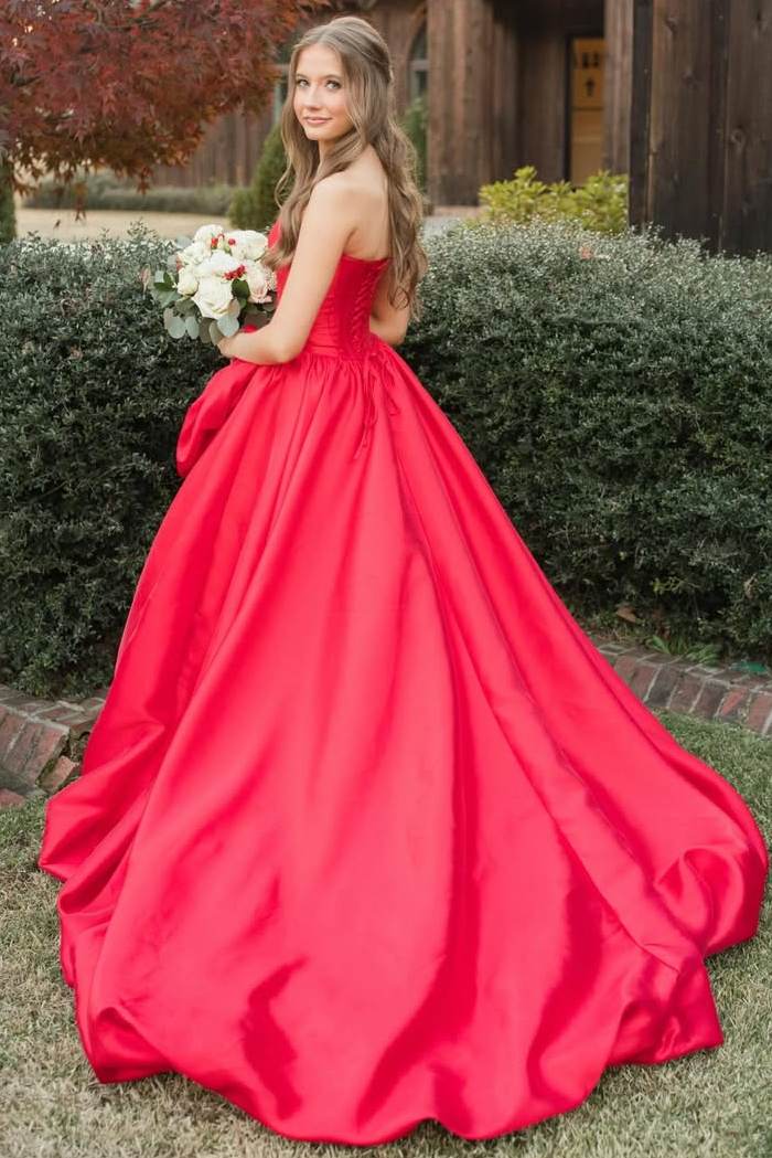 Red Strapless A-Line Ruched Floral Empire-Waist Satin Prom Dress