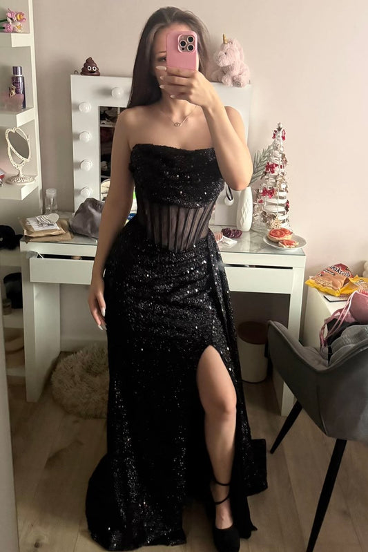 Black Strapless Sequined Cowl Neck Pleats Mermaid Prom Dress