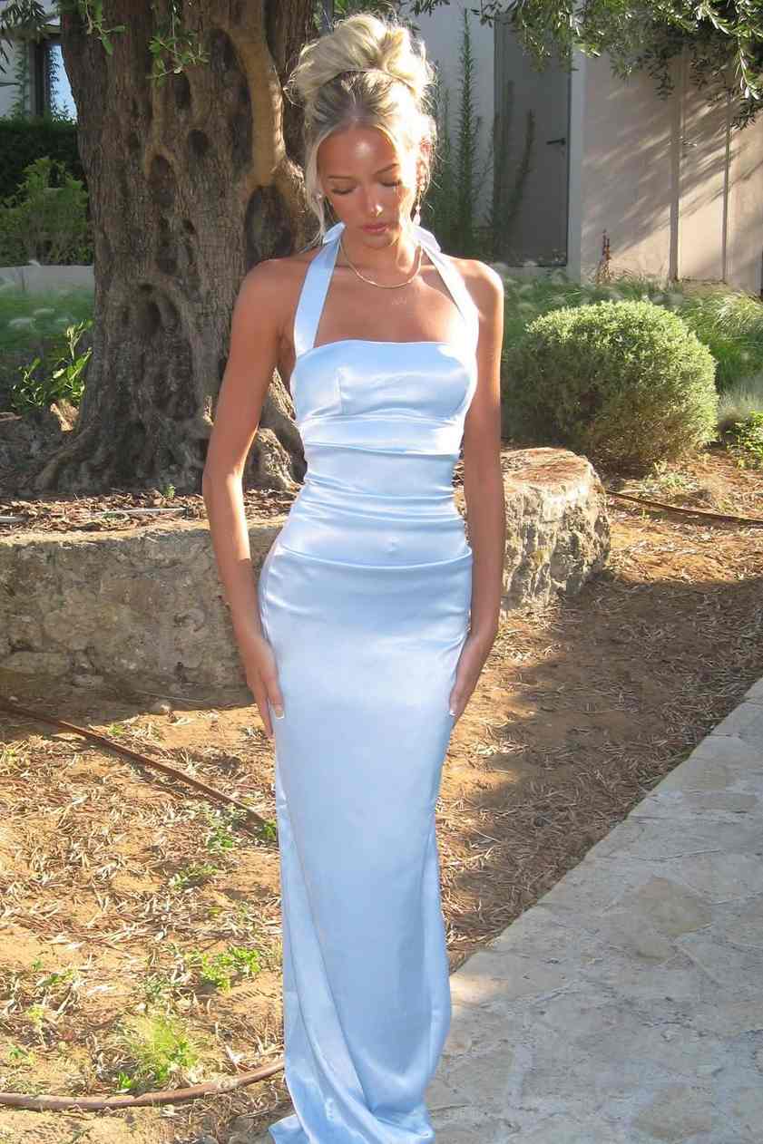 Blue Halter Square Neck Pleats Satin Backless Sheath Long Prom Dress