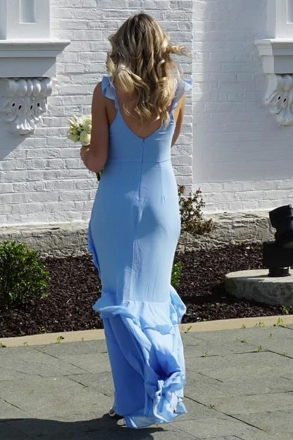 Blue Chiffon Straps V-Neck Ruffles Sleeveless Long Formal Prom Dress