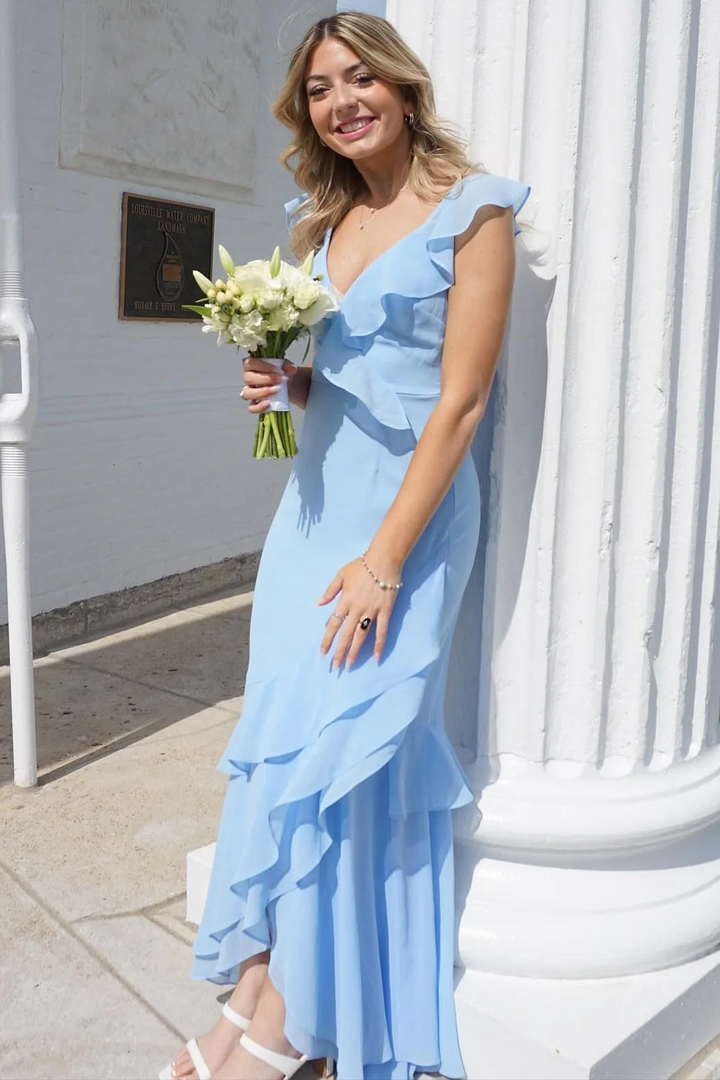 Blue Chiffon Straps V-Neck Ruffles Sleeveless Long Formal Prom Dress