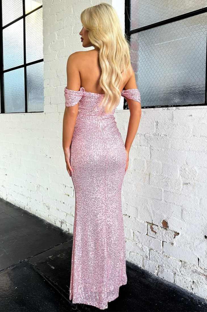 Off-Shoulder Pink Full Sequins Pleats Fitted Long Evening Prom Dress