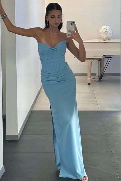 Blue Strapless V-Neck Fitted Satin Pleats Formal Prom Dress with Slit