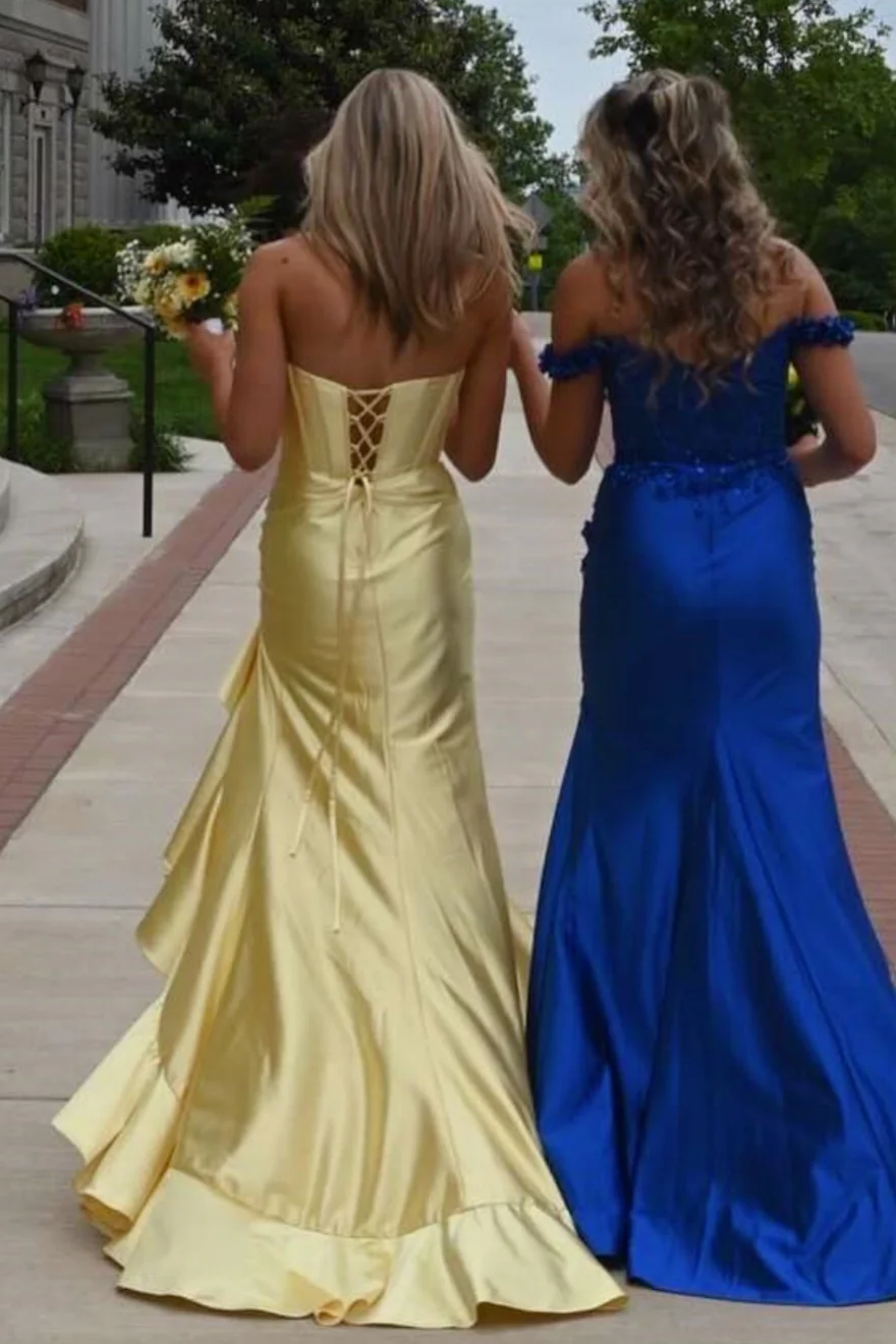 Yellow Strapless Pleats Satin Ruffles Sleeveless Prom Dress with Slit