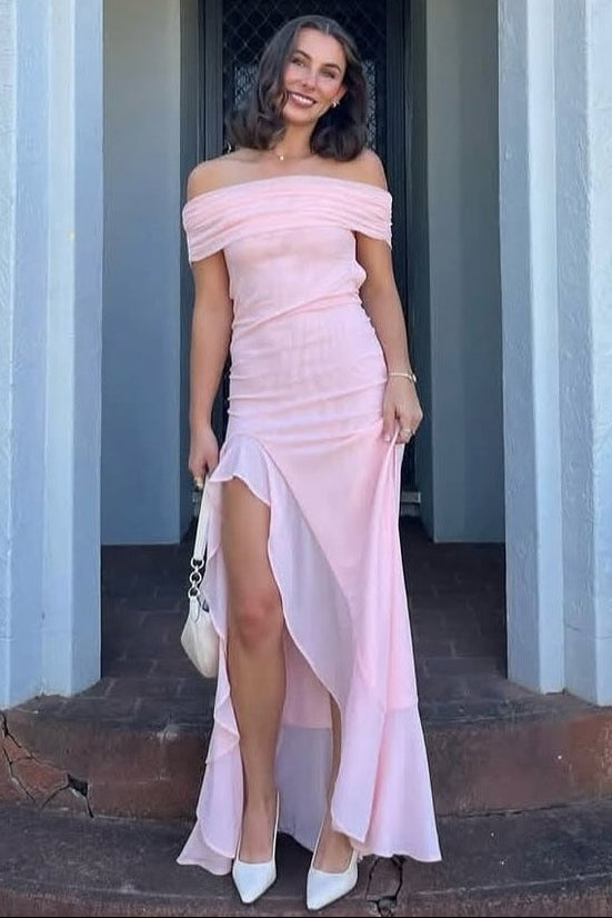 Pink Off-Shoulder Ruffles Chiffon Pleats Long Prom Dress