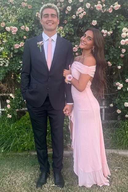 Pink Off-Shoulder Ruffles Chiffon Pleats Long Prom Dress