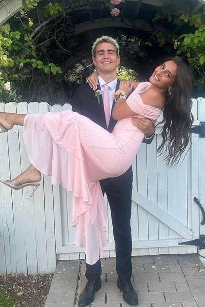 Pink Off-Shoulder Ruffles Chiffon Pleats Long Prom Dress