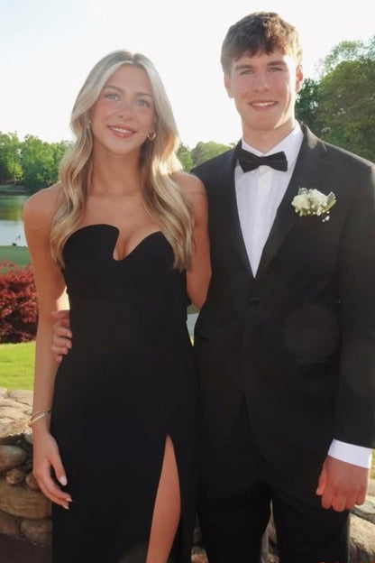 Black Strapless Irregular Sleeveless Satin High Slit Long Prom Formal Dress