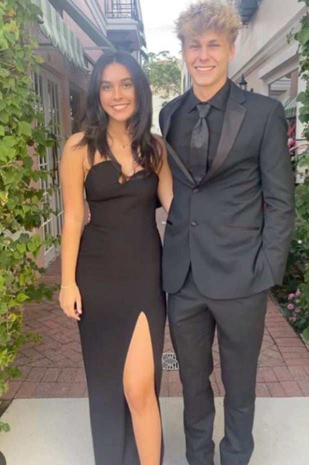 Black Strapless Irregular Sleeveless Satin High Slit Long Prom Formal Dress