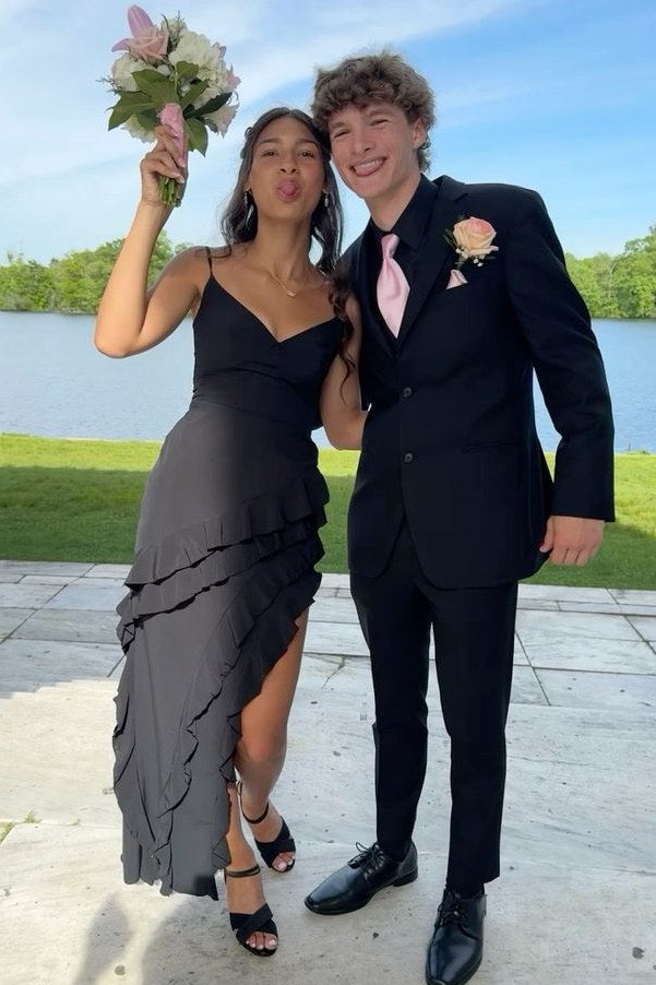 Black Spaghetti Straps V-Neck Sleeveless Ruffles Side Slit Long Prom Dress