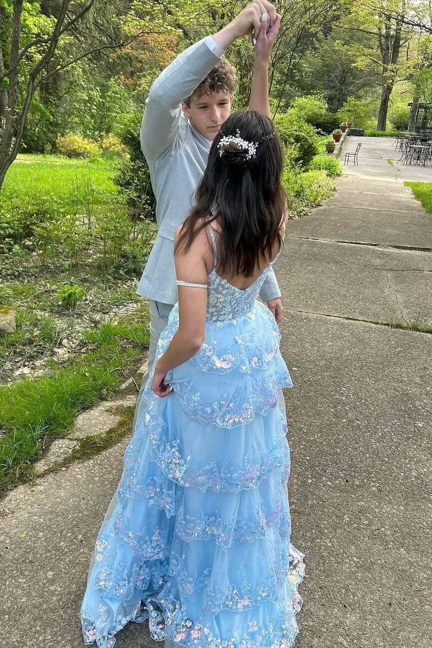 Blue A-Line Spaghetti Straps Empire-Waist Ruffles Long Prom Dress