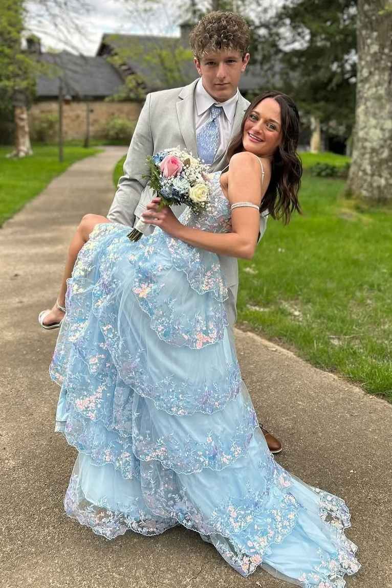 Blue A-Line Spaghetti Straps Empire-Waist Ruffles Long Prom Dress