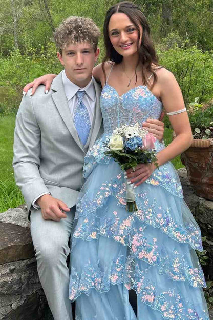 Blue A-Line Spaghetti Straps Empire-Waist Ruffles Long Prom Dress