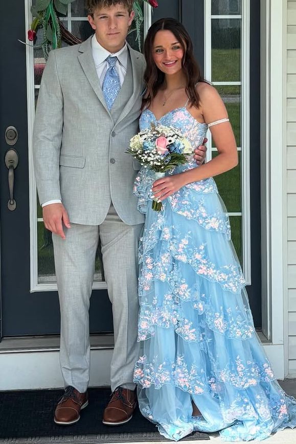 Blue A-Line Spaghetti Straps Empire-Waist Ruffles Long Prom Dress