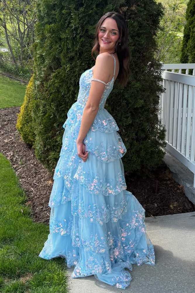 Blue A-Line Spaghetti Straps Empire-Waist Ruffles Long Prom Dress