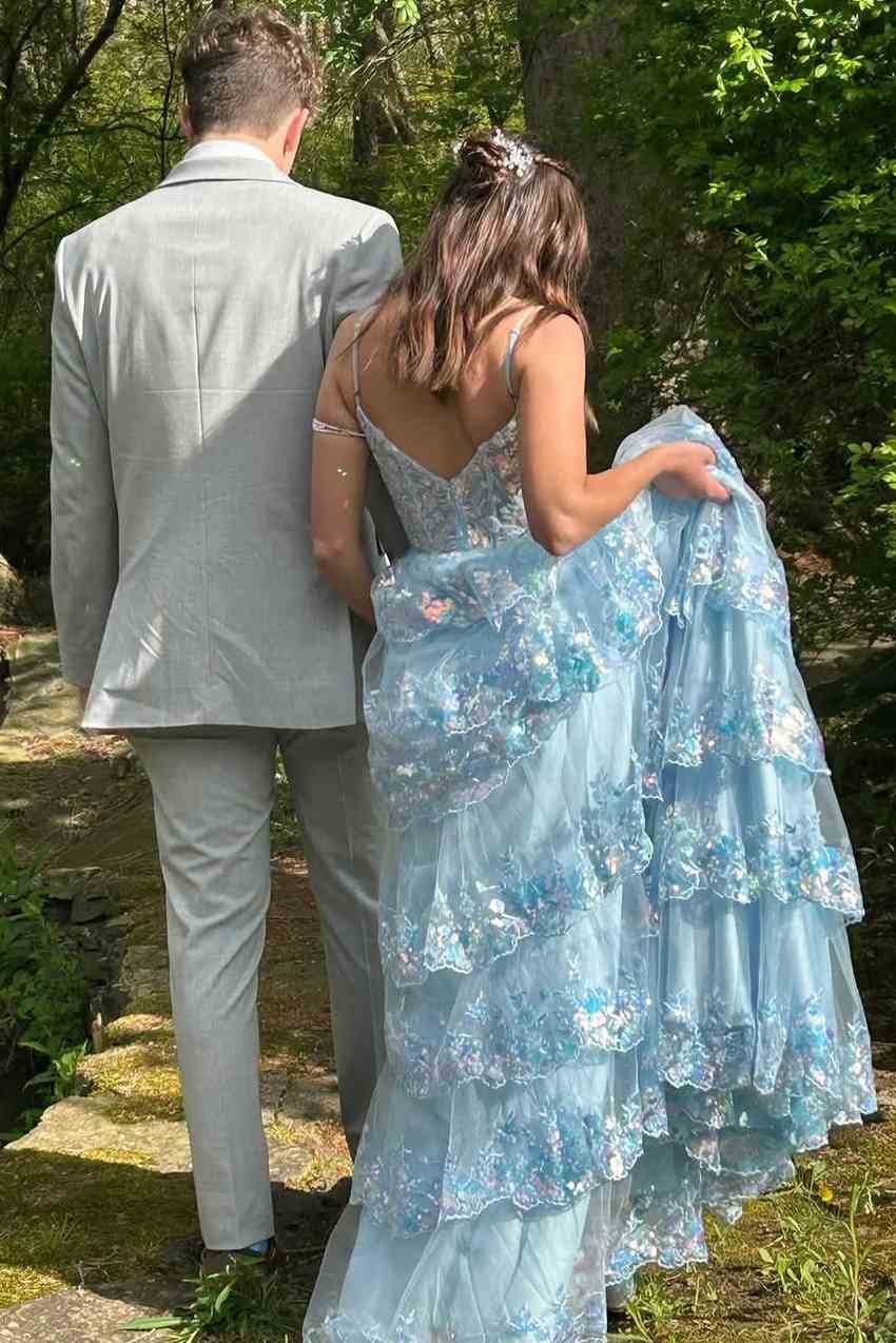 Blue A-Line Spaghetti Straps Empire-Waist Ruffles Long Prom Dress