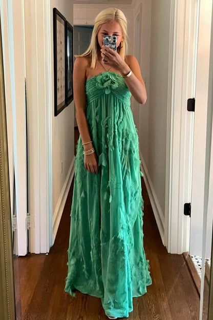 Green A-Line Halter Sleeveless Ruffles Long Formal Prom Dress