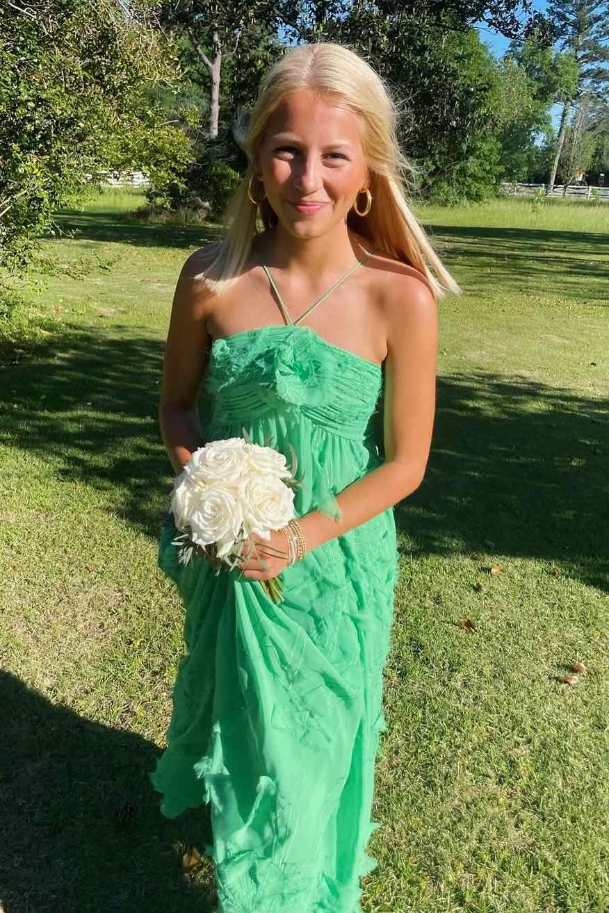 Green A-Line Halter Sleeveless Ruffles Long Formal Prom Dress