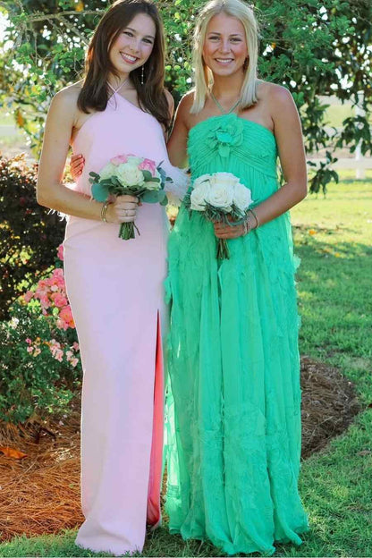 Green A-Line Halter Sleeveless Ruffles Long Formal Prom Dress