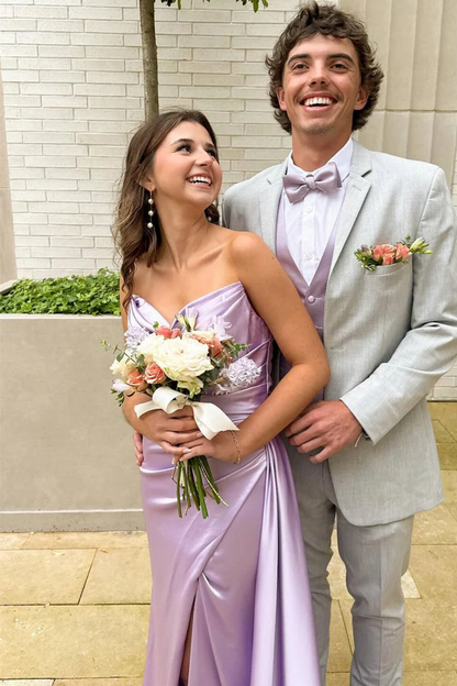 Elegant Strapless V-Neck Pleats High Slit Sleeveless Prom Dress