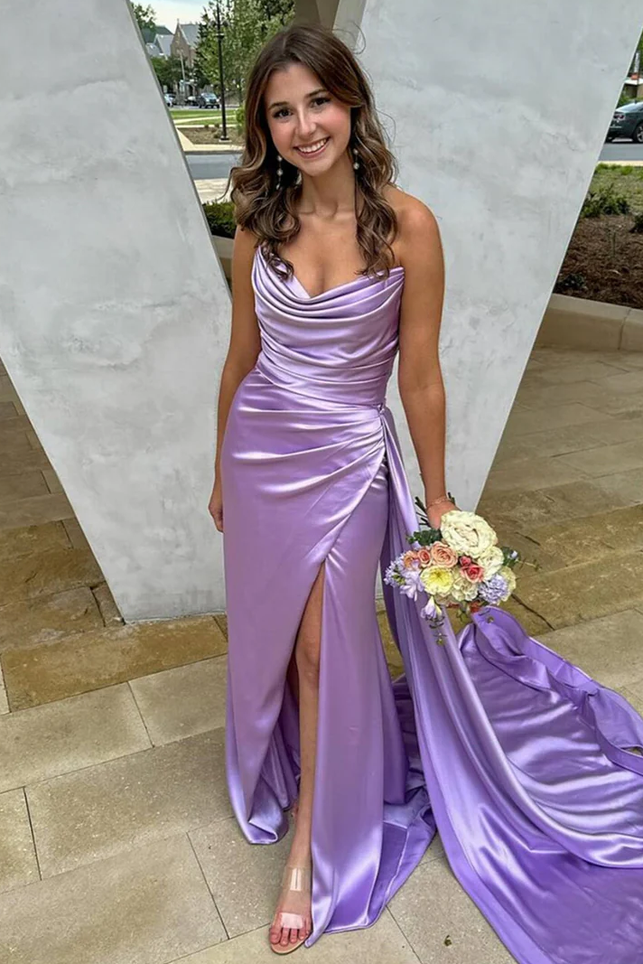 Elegant Strapless V-Neck Pleats High Slit Sleeveless Prom Dress
