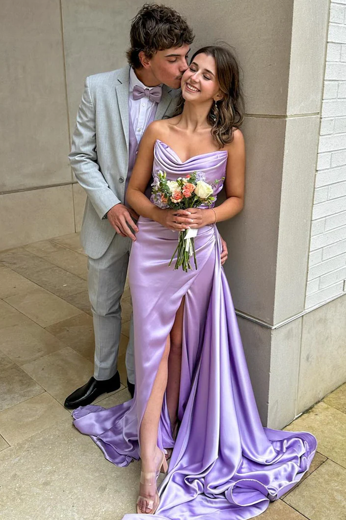 Elegant Strapless V-Neck Pleats High Slit Sleeveless Prom Dress