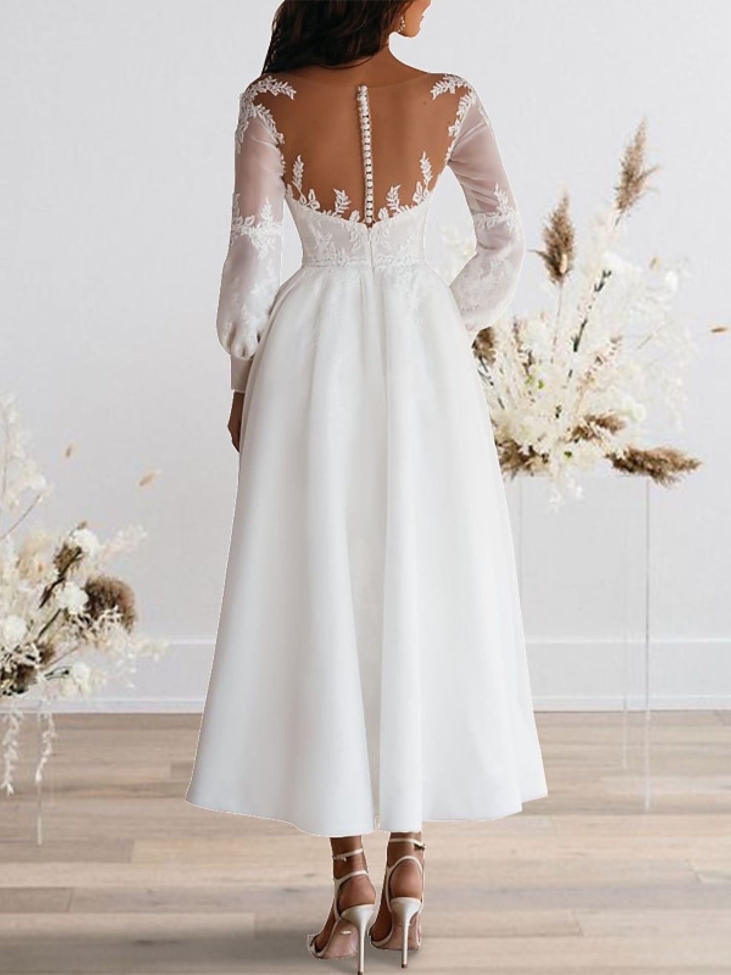 A-Line Sweetheart Long Sleeves Ankle Length Lace Wedding Dress
