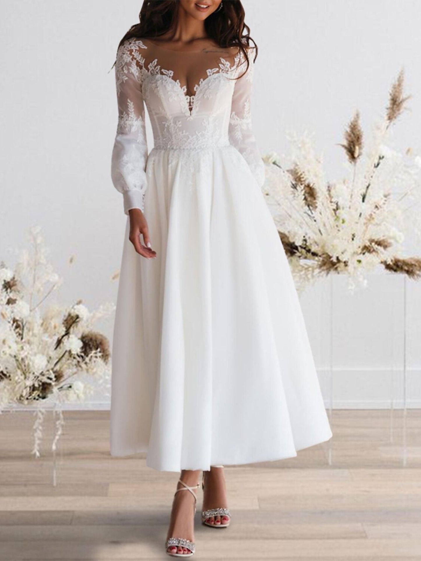 A-Line Sweetheart Long Sleeves Ankle Length Lace Wedding Dress