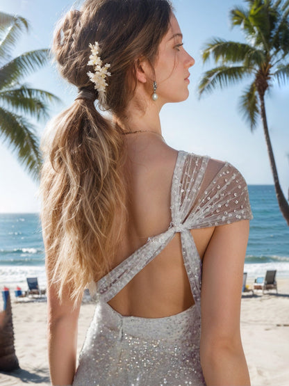 Elegant Sheath One-Shoulder Sequined Wedding Bride Dress