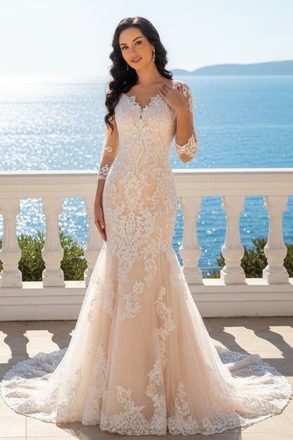 Trumpet Sweetheart 3/4 Sleeves Floor-Length Wedding Dress