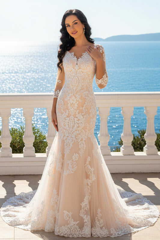 Trumpet Sweetheart 3/4 Sleeves Floor-Length Wedding Dress