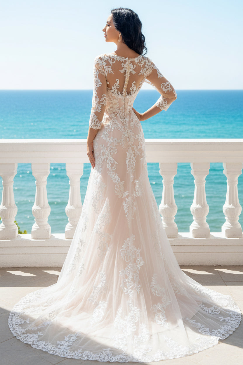 Trumpet Sweetheart 3/4 Sleeves Floor-Length Wedding Dress
