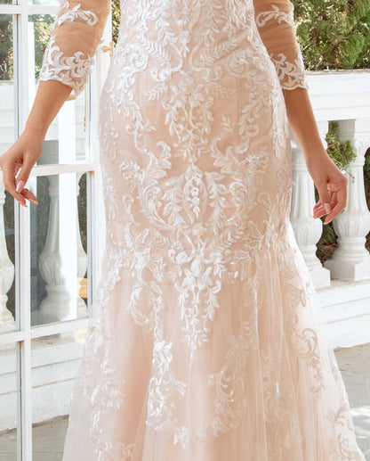 Trumpet Sweetheart 3/4 Sleeves Floor-Length Wedding Dress