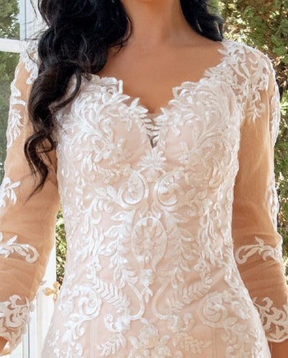 Trumpet Sweetheart 3/4 Sleeves Floor-Length Wedding Dress