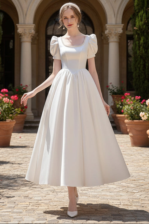 Princess Scoop Puff Sleeves Ankle-Length Pleated Wedding Dress