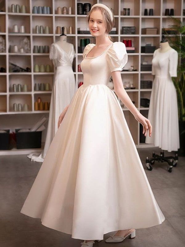 Princess Scoop Puff Sleeves Ankle-Length Pleated Wedding Dress