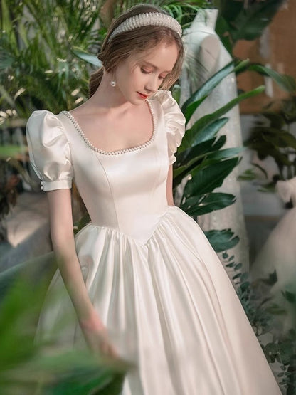 Princess Scoop Puff Sleeves Ankle-Length Pleated Wedding Dress